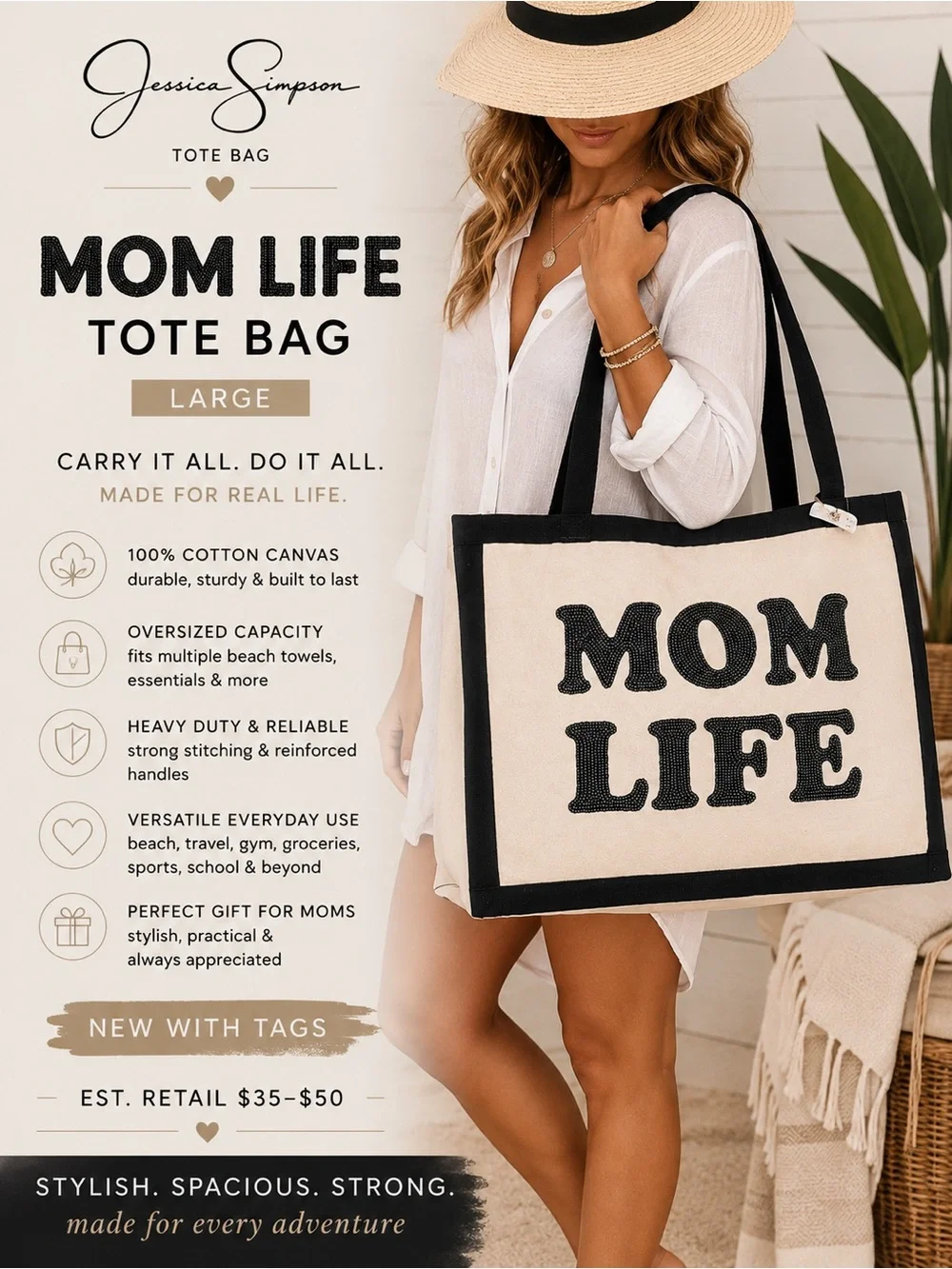 Jessica Simpson MOM LIFE Sequin Canvas Tote Bag Large Beach Travel Shopper